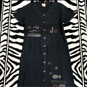 Vintage Blue Cactus XL Linen Hand Painted Lagenlook Maxi Dress Button Front